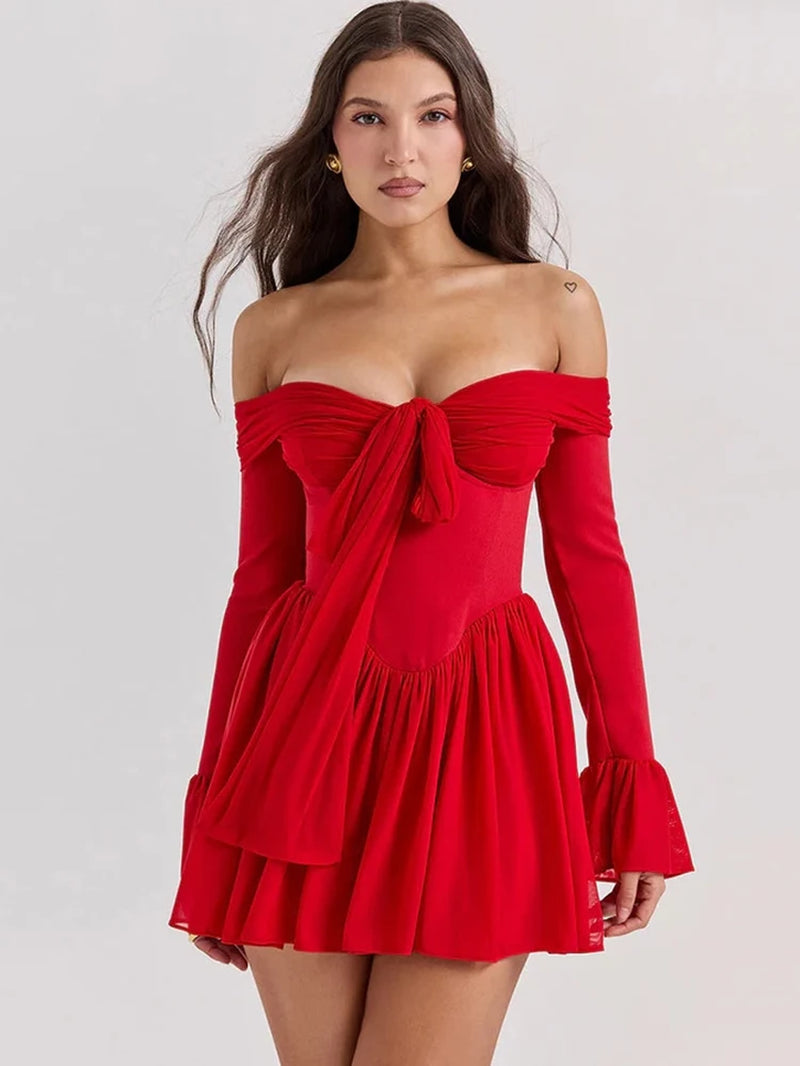 Elegant Strapless Backless Sexy Mini Dress for Women Red Off-Shoulder Long Flare Sleeve Pleated Club Party Dress 2024