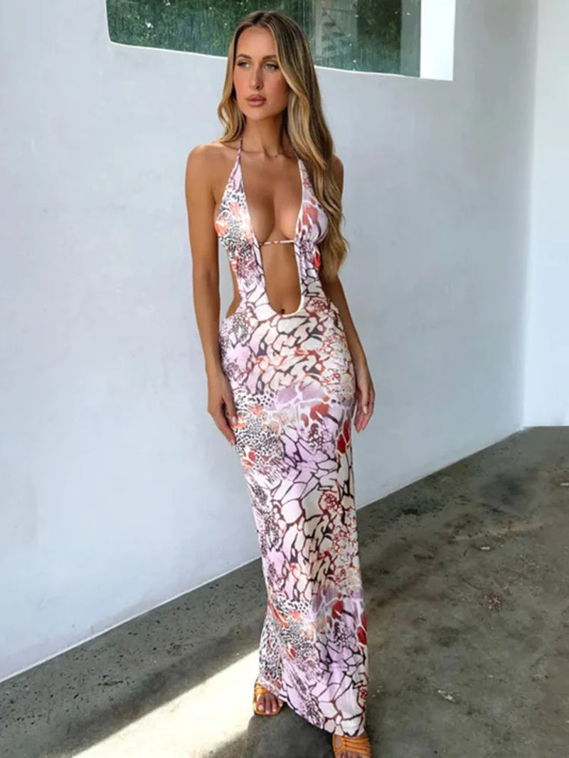 Elegant Print Sexy Maxi Dress for Women Summer New Hollow Out Strapless Backless Bodycon Club Party Sexy Long Dress