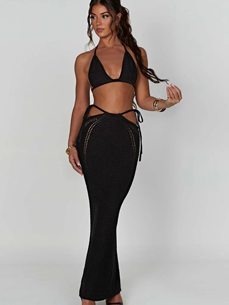 Hollow Out Knit Dress Set Women Lace-Up Crop Top and Long Skirt Matching Sets Female Sexy Club Party Two Piece Set