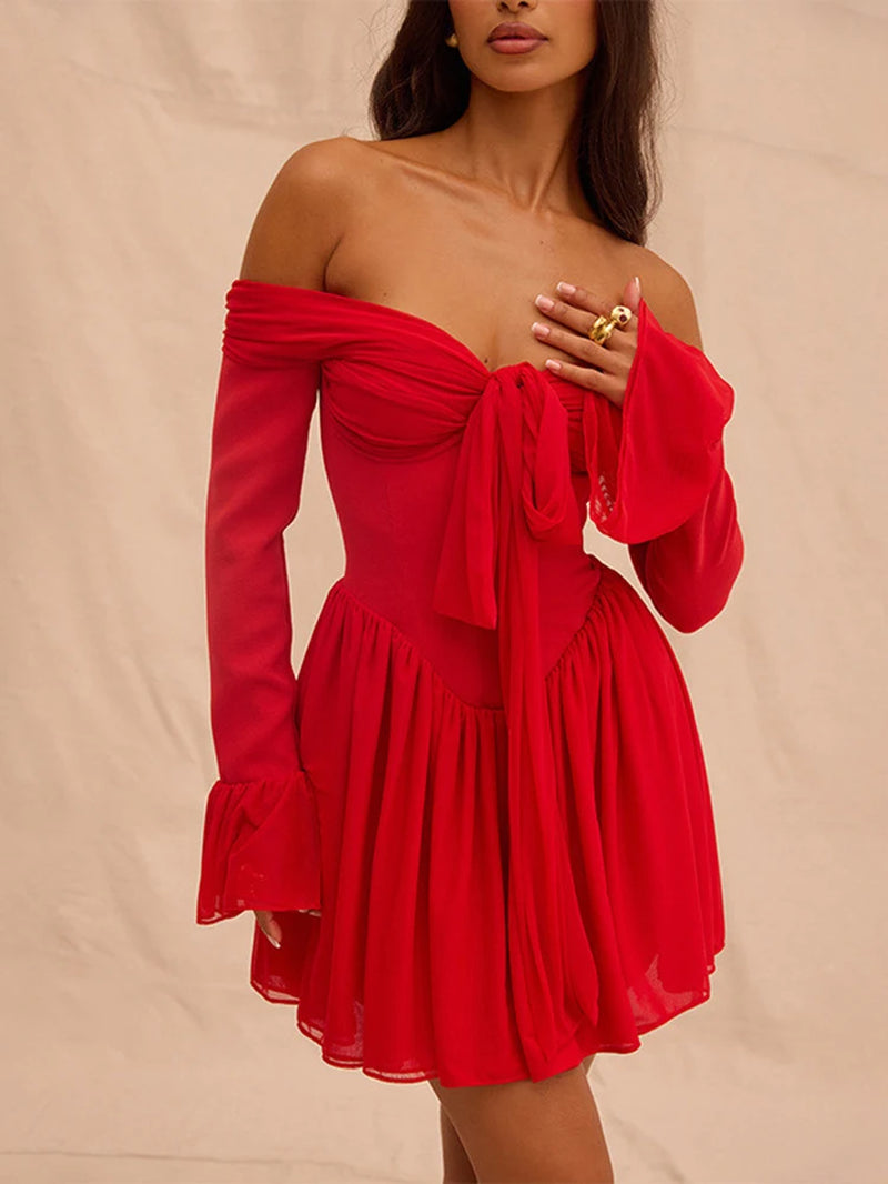 Elegant Strapless Backless Sexy Mini Dress for Women Red Off-Shoulder Long Flare Sleeve Pleated Club Party Dress 2024