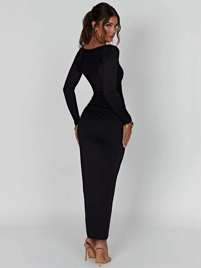 Long Sleeve Ruched High Split Maxi Dress Women Square Collar Drawstring Bodycon Sexy Party Long Dress Elegant Autumn