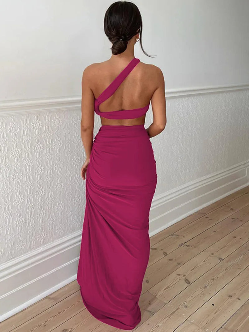 Hollow Out Sexy Two Piece Set Women One Shoulder Crop Top and Maxi Skirt Matching Sets Femme Bodycon Skirt Sets