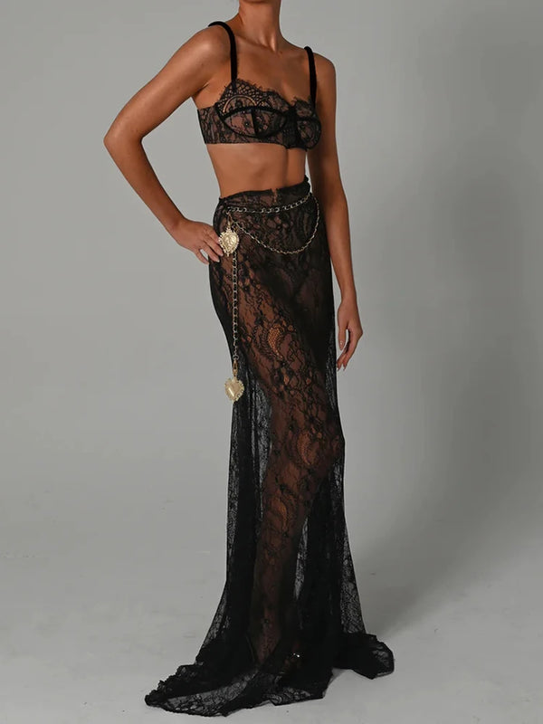 See through Lace Two Piece Skirt Sets Women Crop Top and Maxi Skirt Sets Elegant Party Beach Sexy Two Piece Set