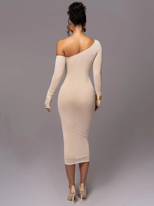 Diagonal Collar Long Sleeve Midi Dress for Women Two Layer Mesh Backless Ruched Bodycon Club Party Sexy Long Dress