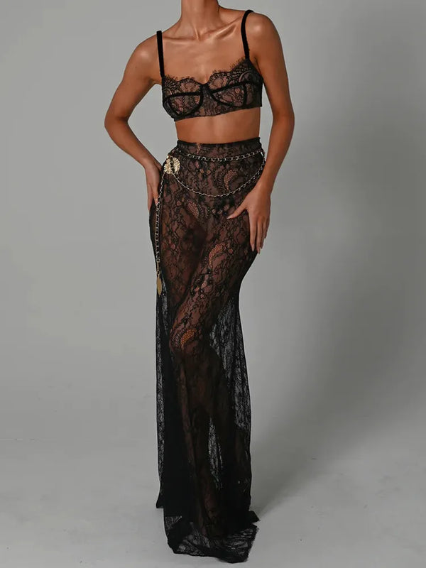 See through Lace Two Piece Skirt Sets Women Crop Top and Maxi Skirt Sets Elegant Party Beach Sexy Two Piece Set